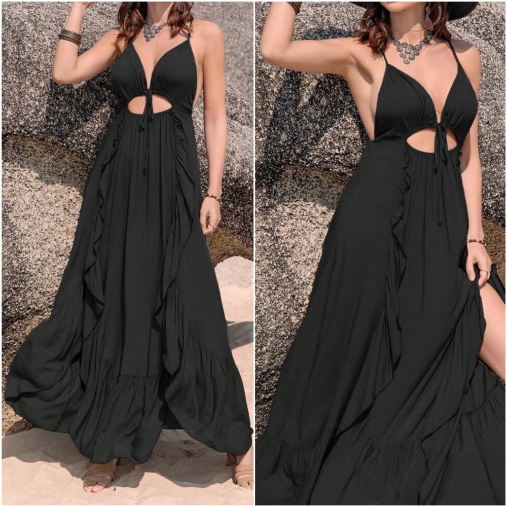 Ruffle Hem Criss Cross Backless Cami Maxi Dress - Picture 5 of 6